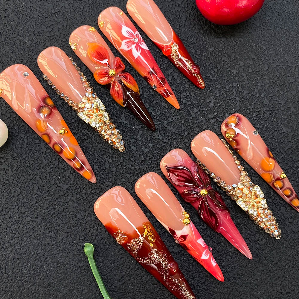 10PCS Full Decorated Soft Gel Thick Acrylic Handmade Nails Press on 55mm Extra Long Salon Design Artificial Fingernail Wholesale