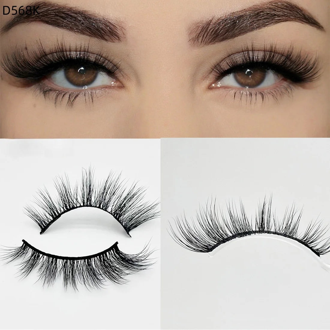 8D Wispy Cat Eye Fox Faux Mink Lashes 5 Pairs Full Strip Winged Eyelashes Pack - Natural Long / plastic lashes tray / D568k