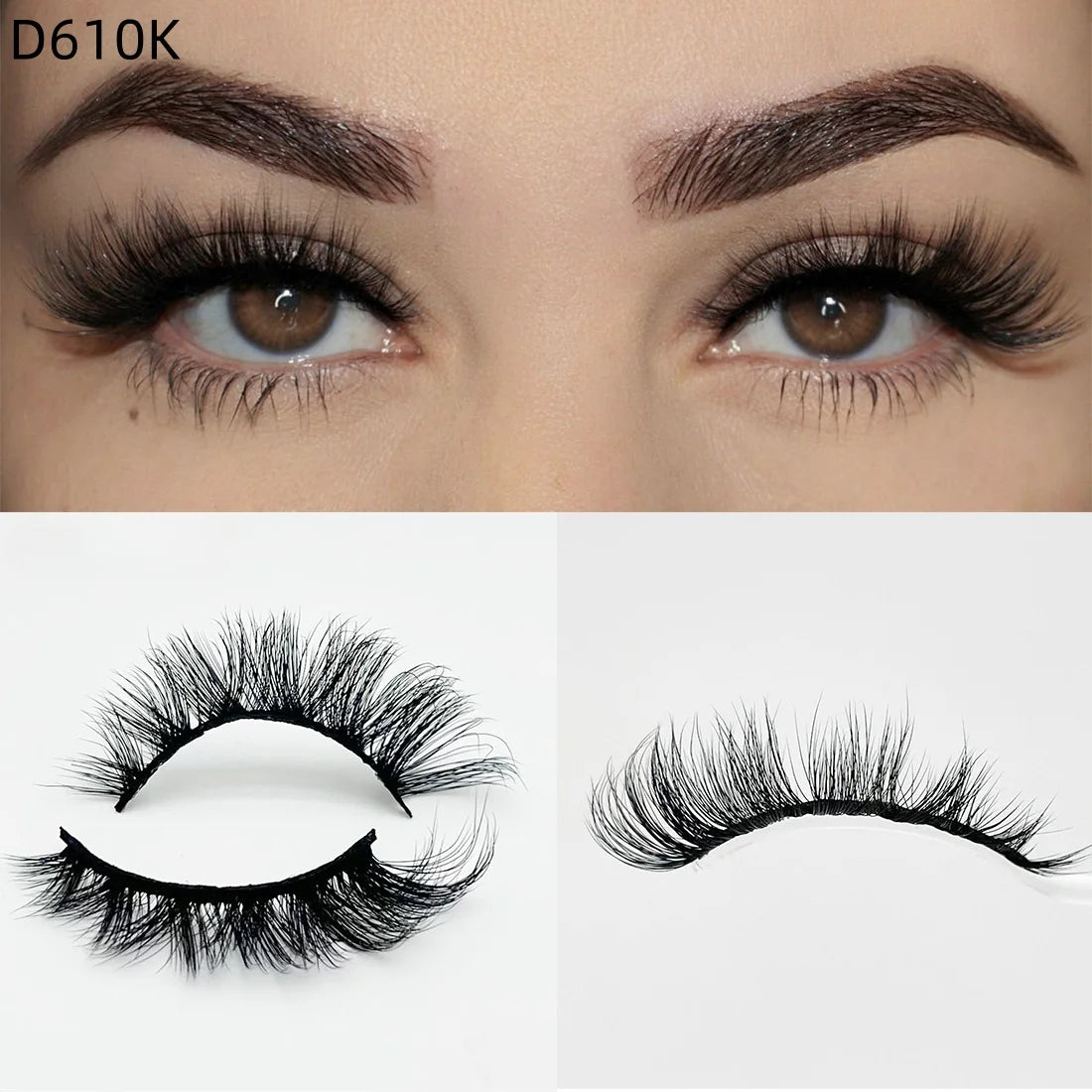 8D Wispy Cat Eye Fox Faux Mink Lashes 5 Pairs Full Strip Winged Eyelashes Pack - Natural Long / plastic lashes tray / D610K