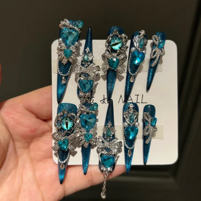 Pure Handmade Plastic Blue Light Luxury Heavy-Duty Ins Style Cat Eye Press-On Nails Finger Application New Arrival Nail Tips