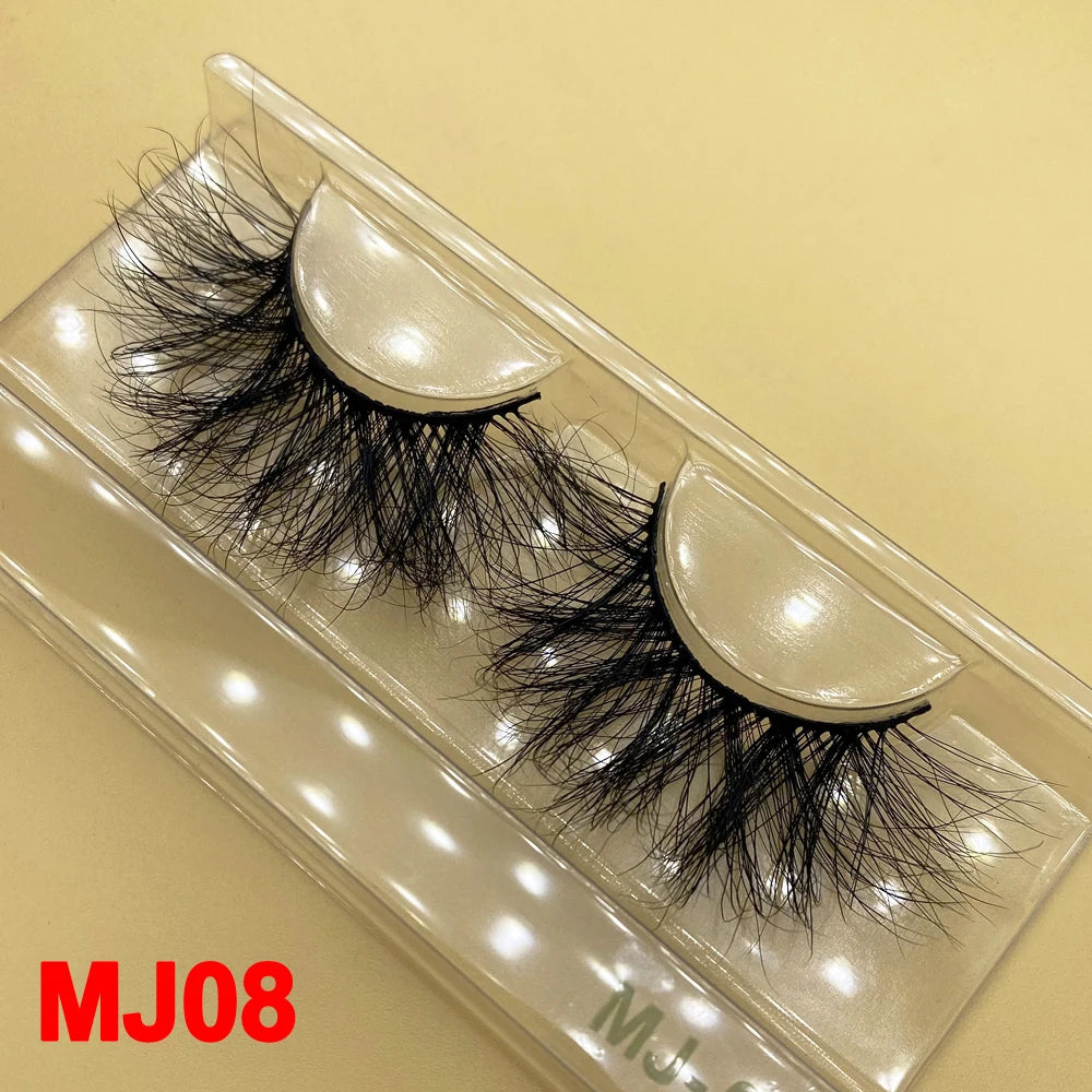 100% Cruelty Free 25mm Super Curl Dense Mink Lashes 3D Wispy Thick Fluffy Russian Strip Eyelashes Custom Logo Private Label - MJ-08 / Long/Fluffy/Thick/Cross