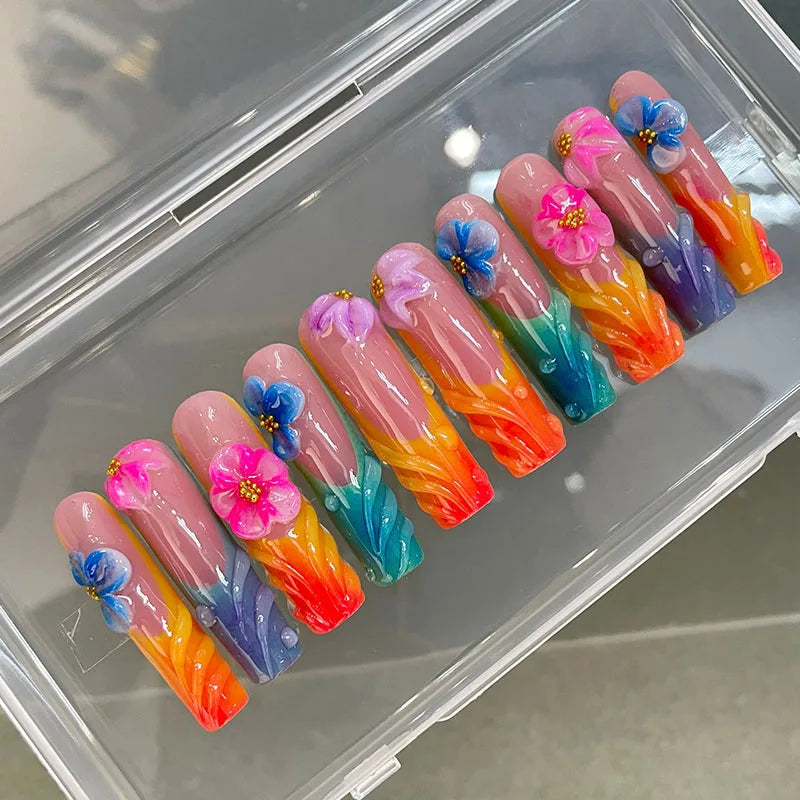 Hot Selling Rectangular Head French Gold Line 3D Floral Design Reusable Full Cover Nail Tips Handmade Press-on Nails Finger Glue