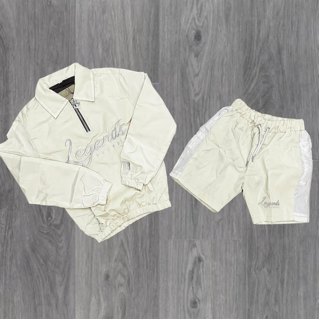 Custom Streetwear Men Windbreaker Nylon Jacket and Shorts Set Zip up Nylon Two Piece Windbreaker Short Set Tracksuit for Mens - Ivory