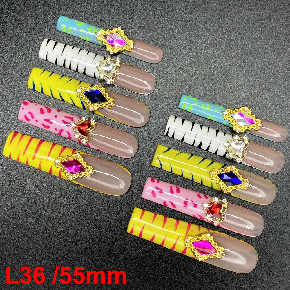 10PCS Full Decorated Soft Gel Thick Acrylic Handmade Nails Press on 55mm Extra Long Salon Design Artificial Fingernail Wholesale - L36 / 50g