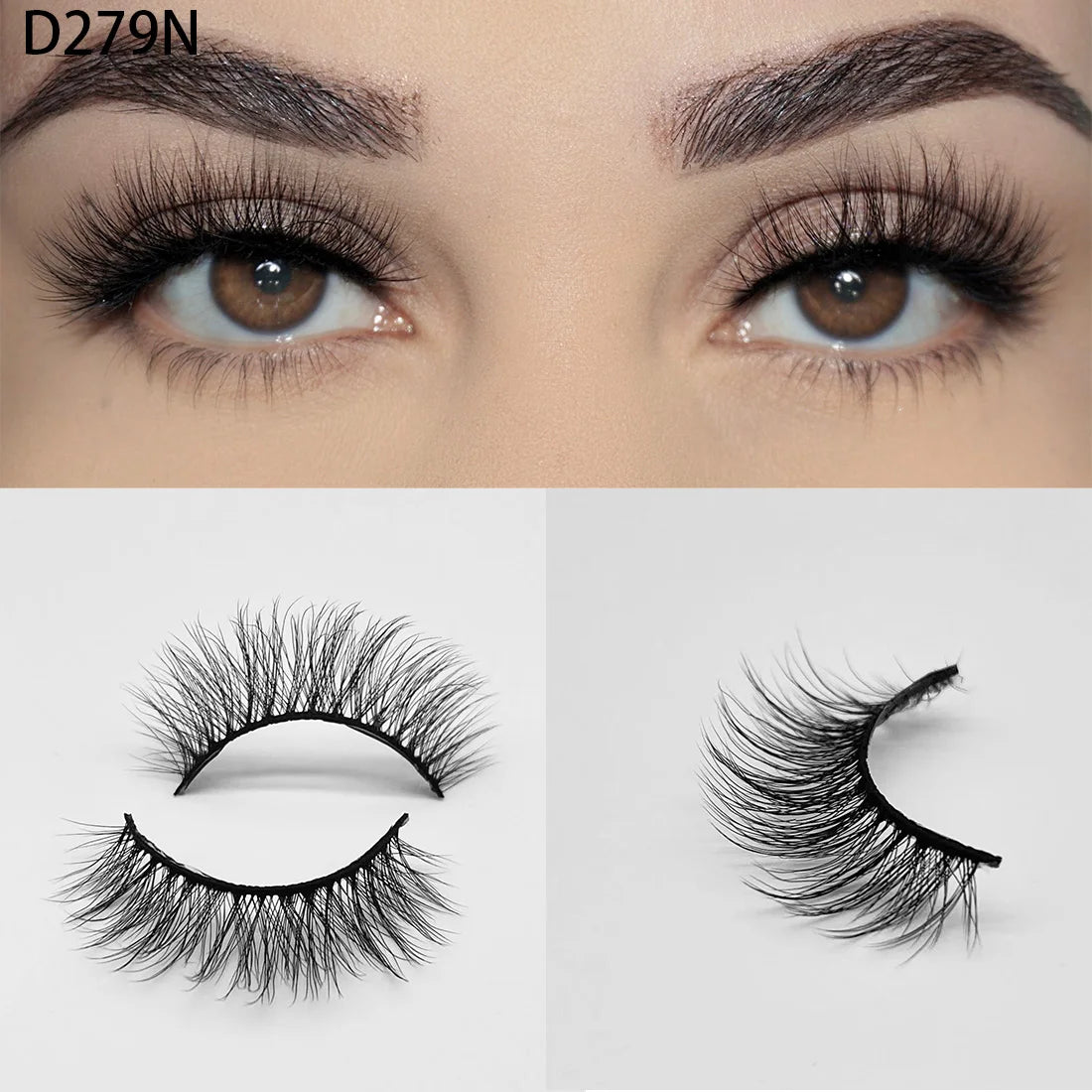 8D Wispy Cat Eye Fox Faux Mink Lashes 5 Pairs Full Strip Winged Eyelashes Pack - Natural Long / plastic lashes tray / D279N