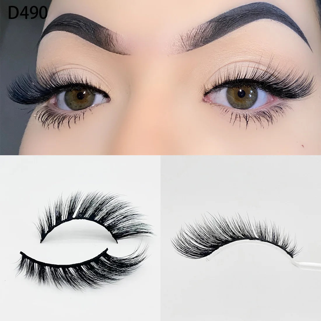 8D Wispy Cat Eye Fox Faux Mink Lashes 5 Pairs Full Strip Winged Eyelashes Pack - Natural Long / plastic lashes tray / D490