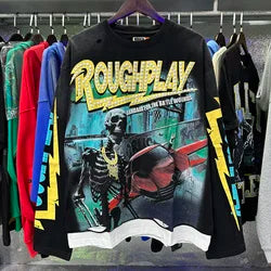High Quality Heavyweight 100% Cotton New Brand Rough Play Long Sleeved High Street Retro Acid Washed Print Eco-Friendly Hoodies - Black2