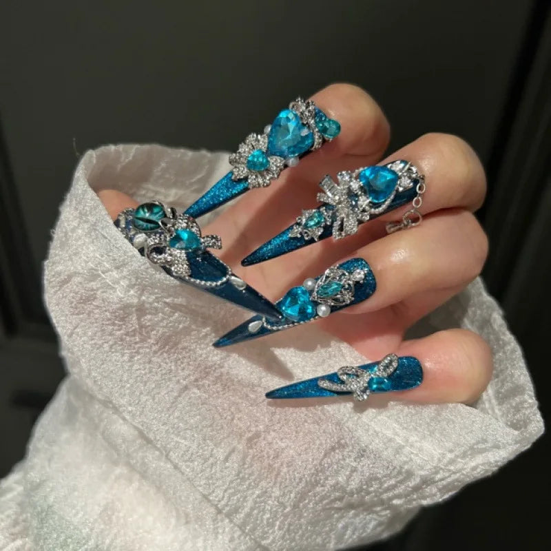 Pure Handmade Plastic Blue Light Luxury Heavy-Duty Ins Style Cat Eye Press-On Nails Finger Application New Arrival Nail Tips