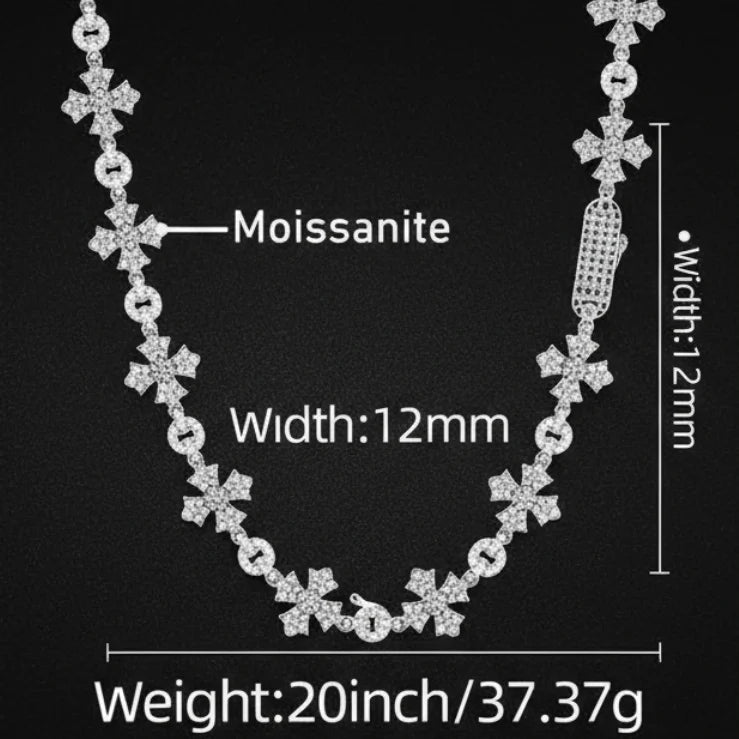 Hip Hop Luxury Handmade 12mm 925 Sterling Silver GRA Certified Moissanite Diamond Cross Link Chain Necklace for Men Women Party - Rhodium-Moissanite