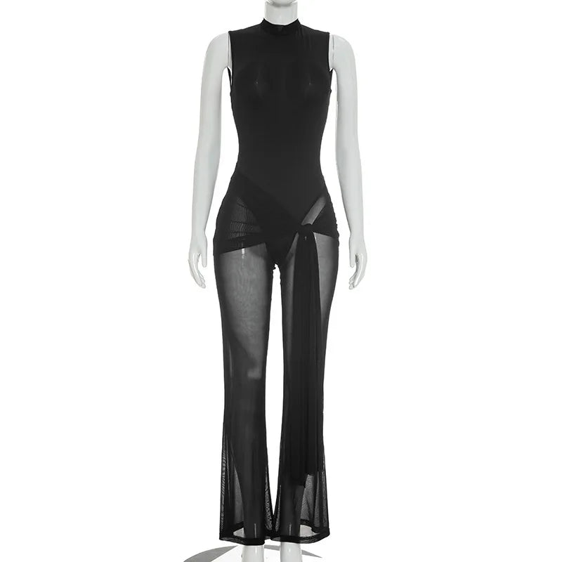 H0600-sexy Mesh Sleeveless Backless Bandage Black See Through One Piece Jumpsuit Women - Black