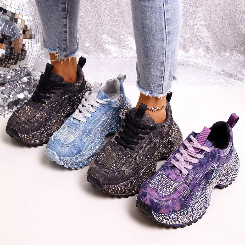 2026 Fall New Luxury Beautiful Bling Bling Rhinestones Beaded Lace Up Platform Sneakers for Women Old Dad Shoes Sports Shoes