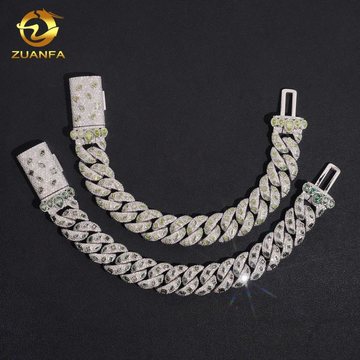 New Fancy Mixed Cuttings Bezel Set 15mm Cuban Chain Blue Green Moissanite GRA Certified 925 Miami Cuban Link Chain Bracelet