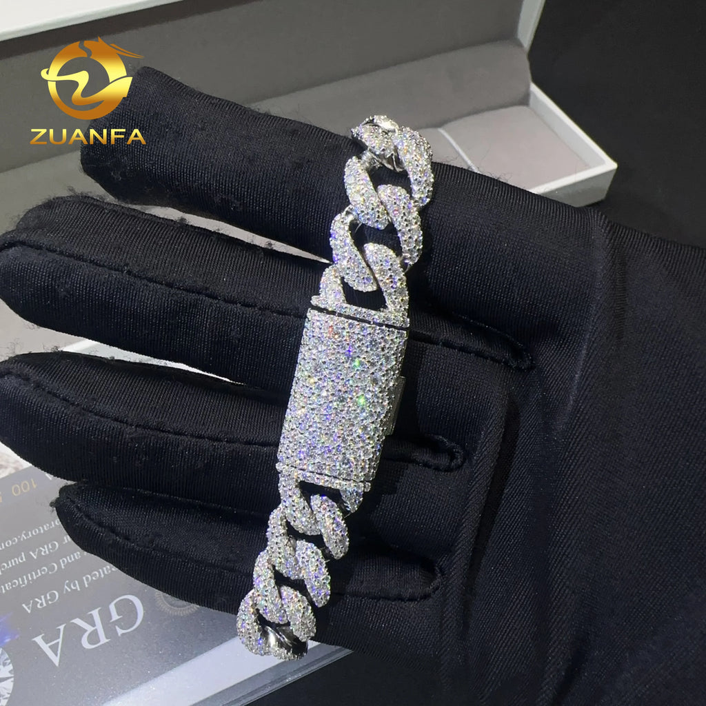 12mm 15mm 18mm Width Fashion Stylish Mosaic Setting New Design S925 Iced Out Hip Hop Jewelry VVS Moissanite Man Cuban Bracelet - Silver-12mm FH2877