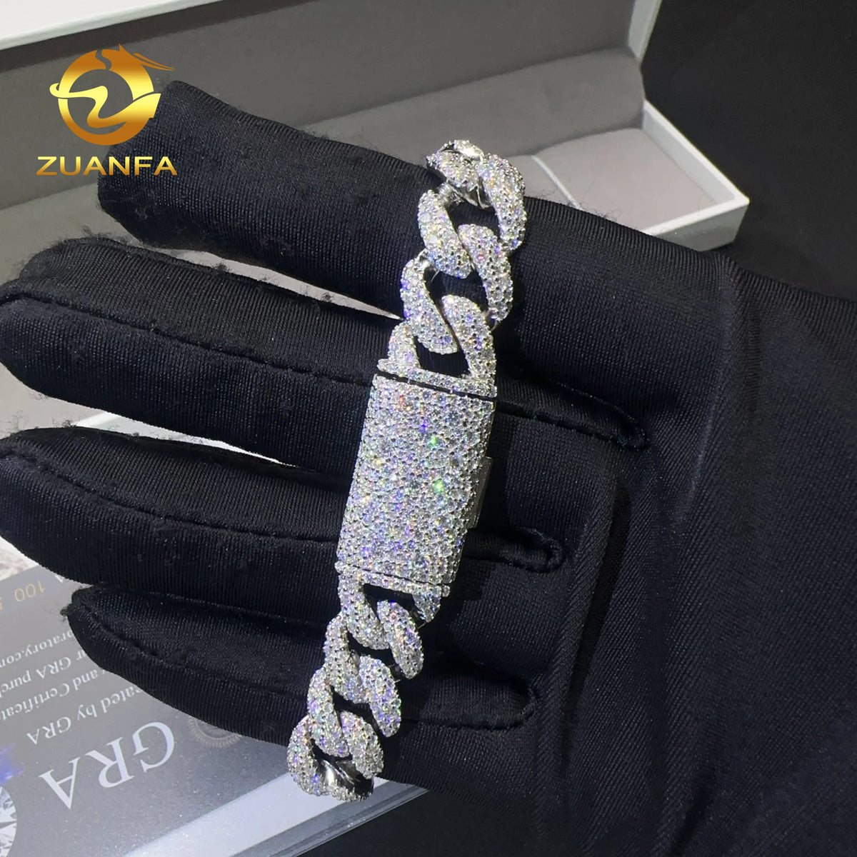 12mm 15mm 18mm Width Fashion Stylish Mosaic Setting New Design S925 Iced Out Hip Hop Jewelry VVS Moissanite Man Cuban Bracelet - Silver-12mm FH2877