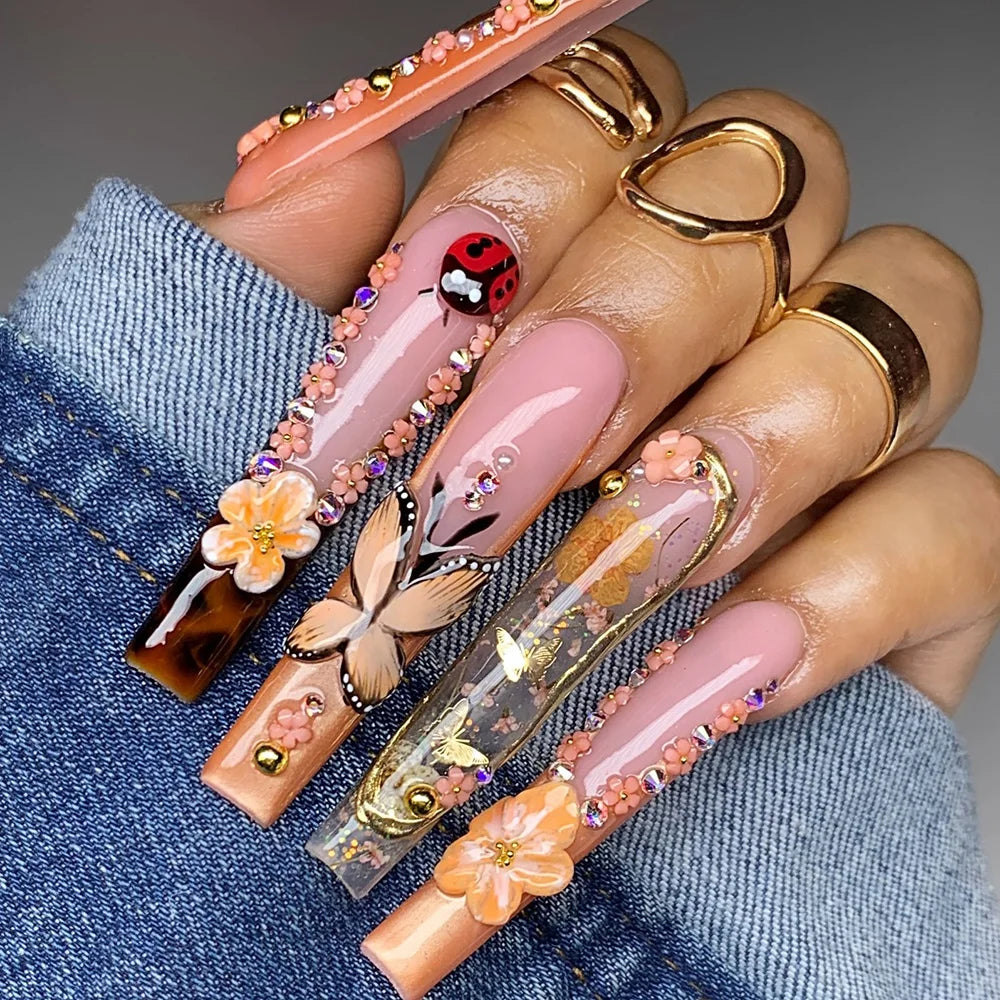 10PCS Full Decorated Soft Gel Thick Acrylic Handmade Nails Press on 55mm Extra Long Salon Design Artificial Fingernail Wholesale