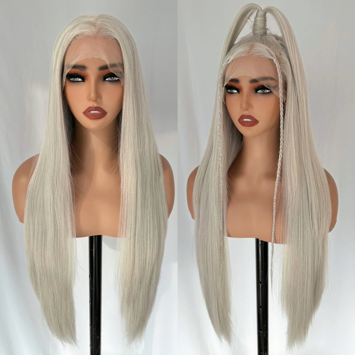 Chocolate Dark Brown Lace Front Wig 13x6 Synthetic Long Straight Glueless Dark Brown Wig for Black Women Beginner Friendly - 30 inches / light grey