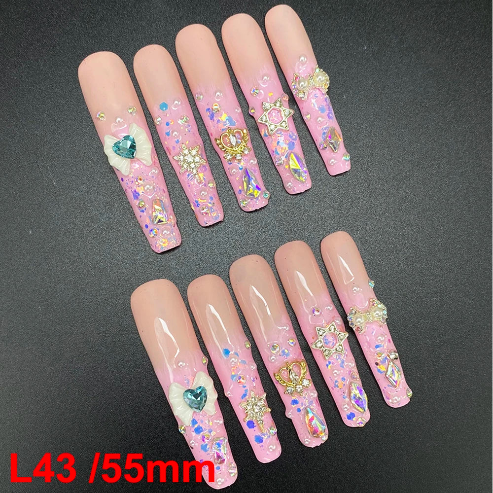 10PCS Full Decorated Soft Gel Thick Acrylic Handmade Nails Press on 55mm Extra Long Salon Design Artificial Fingernail Wholesale - L43 / 50g