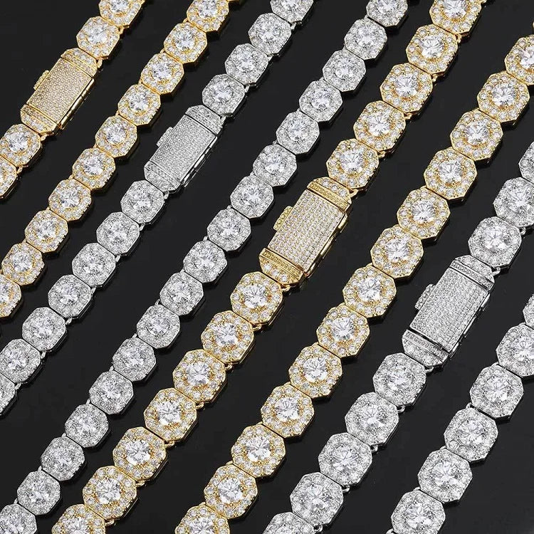Fancy Large Tennis 10mm  Chain with GRA Moissanite 925 Sterling Silver 14K Gold Plated Hip Hop Jewelry Link Chain