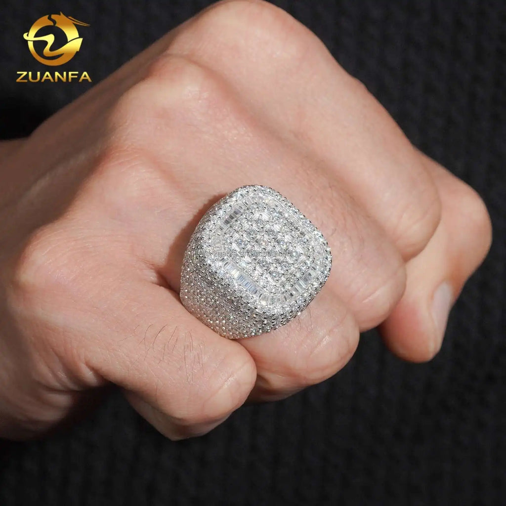 2026 New Arrivals Fashion Jewelry Square Shape Iced Out Hip Hop Moissanite 925 Sterling Silver Claw Setting Pinky Finger Ring