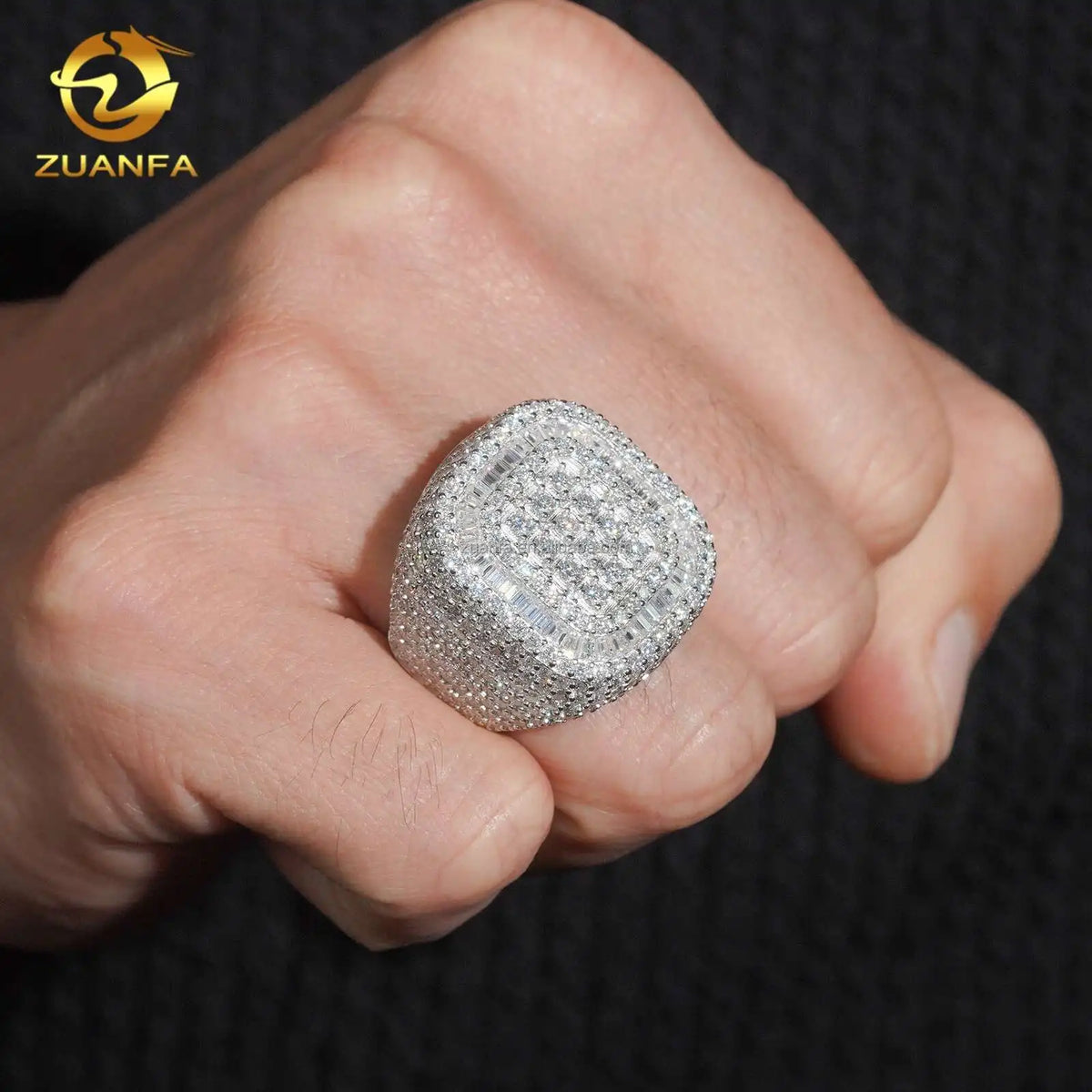 2026 New Arrivals Fashion Jewelry Square Shape Iced Out Hip Hop Moissanite 925 Sterling Silver Claw Setting Pinky Finger Ring