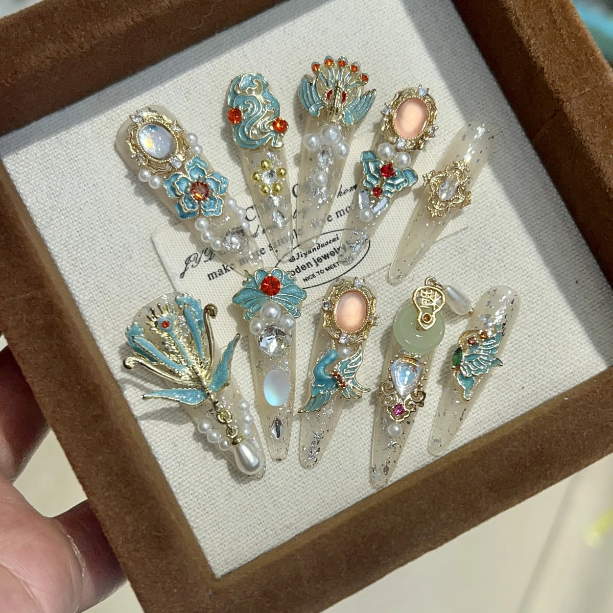 High End Handmade New Chinese Style Press on Nails Luxury Custom Jade Ring Bridal Nail Decorations