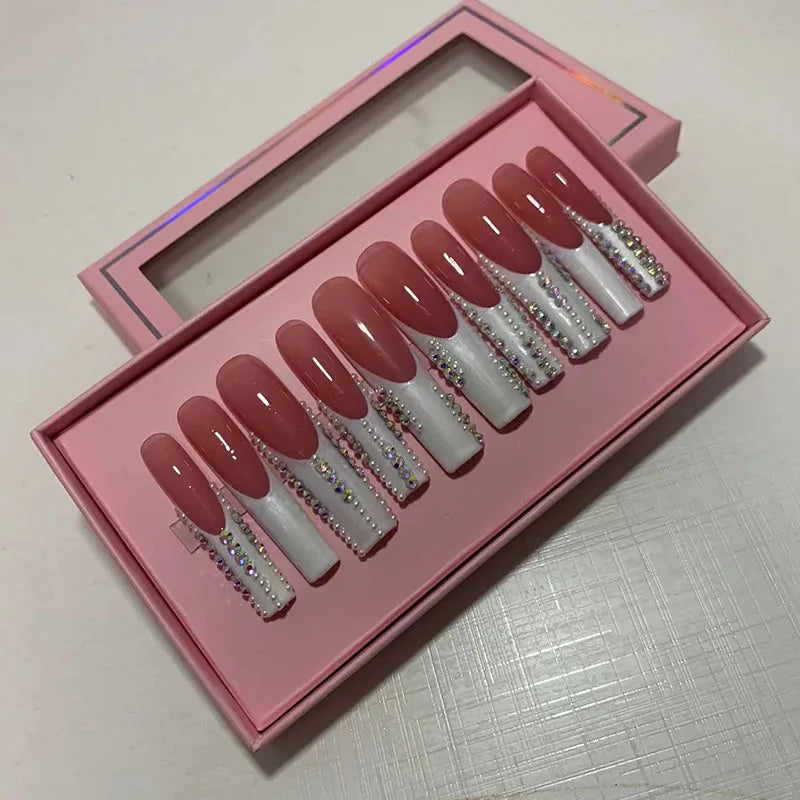 Custom Luxury Bling Stones Press Nails Medium Coffin Heart Pearl French Tip 3D Nail Art Pre-designed Full Cover Water Decals