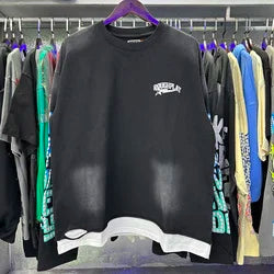 High Quality Heavyweight 100% Cotton New Brand Rough Play Long Sleeved High Street Retro Acid Washed Print Eco-Friendly Hoodies - Black3