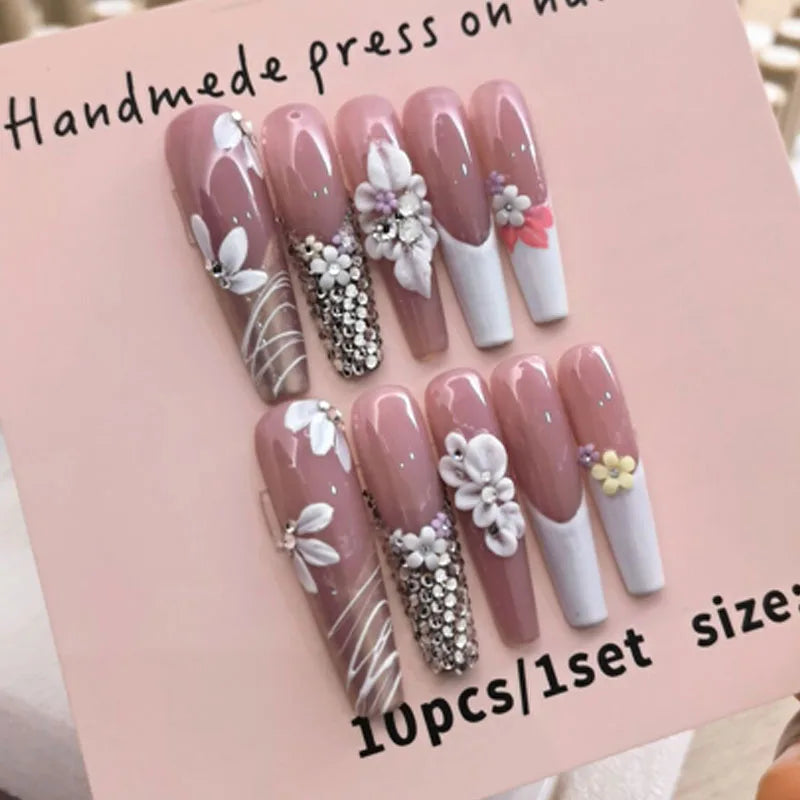 10 Handmade High-quality 3D Design Full Cover Fake Nails Wholesale Brand Logo Press-on Nails for Finger Application Black White