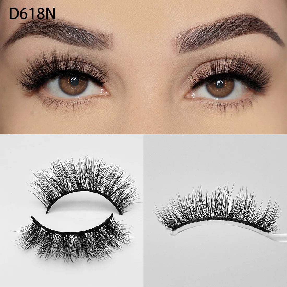 8D Wispy Cat Eye Fox Faux Mink Lashes 5 Pairs Full Strip Winged Eyelashes Pack - Natural Long / plastic lashes tray / D618N