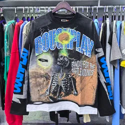 High Quality Heavyweight 100% Cotton New Brand Rough Play Long Sleeved High Street Retro Acid Washed Print Eco-Friendly Hoodies