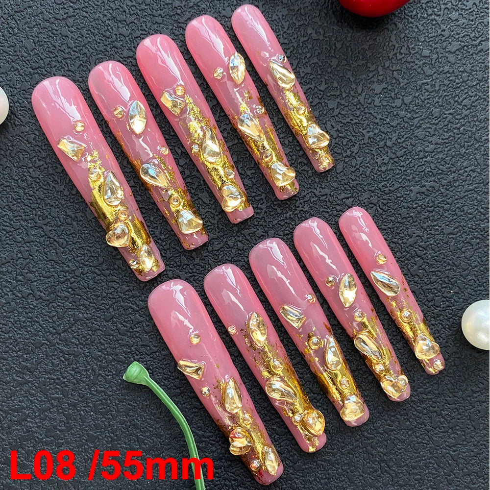 10PCS Full Decorated Soft Gel Thick Acrylic Handmade Nails Press on 55mm Extra Long Salon Design Artificial Fingernail Wholesale - L08 / 50g