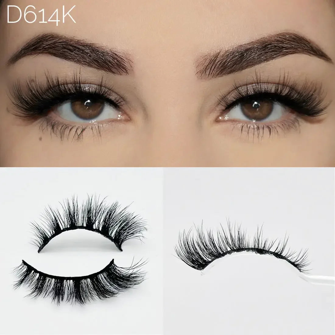 8D Wispy Cat Eye Fox Faux Mink Lashes 5 Pairs Full Strip Winged Eyelashes Pack - Natural Long / plastic lashes tray / D614K