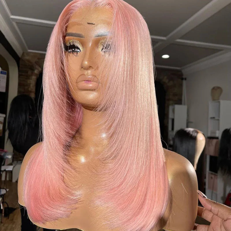 Pink Color Full Frontal Human Hair Wigs 100% Raw Virgin Hair Short Bob Lace Closure Wigs Pre Plucked Natural Hair
