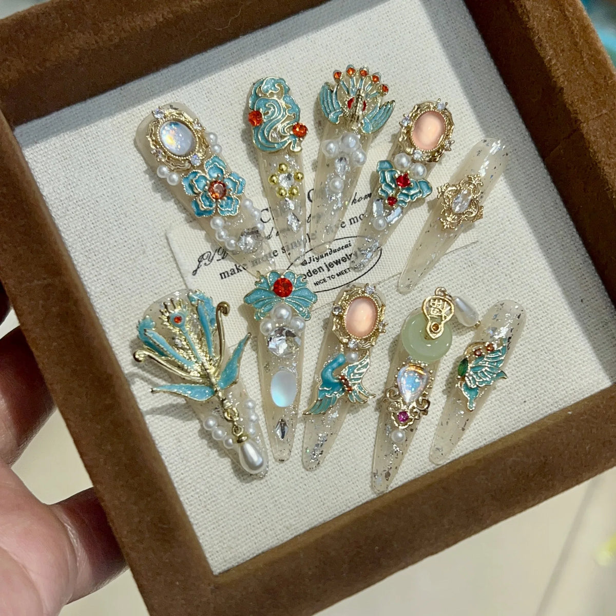 High End Handmade New Chinese Style Press on Nails Luxury Custom Jade Ring Bridal Nail Decorations