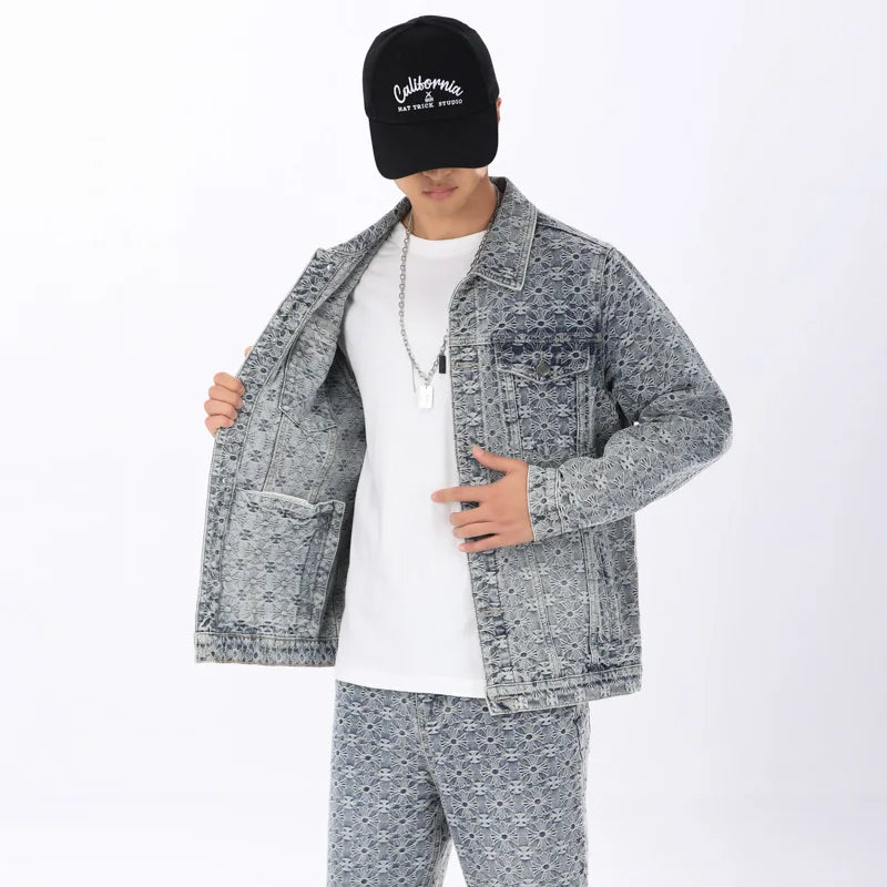 2026 New Design Men's Women's Winter Jacket Spring Autumn High Street Simple High-end Feeling Floral Button 2 Piece Denim Set