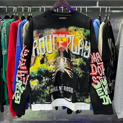 High Quality Heavyweight 100% Cotton New Brand Rough Play Long Sleeved High Street Retro Acid Washed Print Eco-Friendly Hoodies - Black5