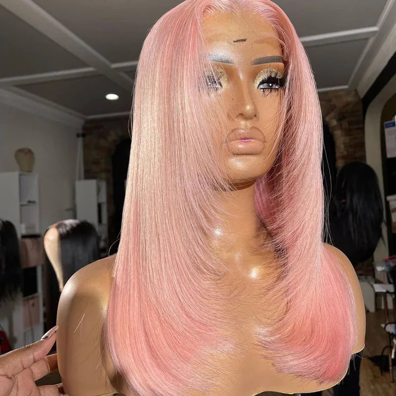 Pink Color Full Frontal Human Hair Wigs 100% Raw Virgin Hair Short Bob Lace Closure Wigs Pre Plucked Natural Hair