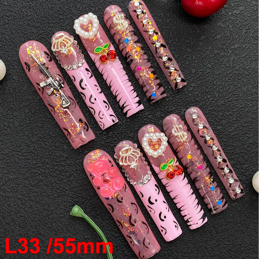 10PCS Full Decorated Soft Gel Thick Acrylic Handmade Nails Press on 55mm Extra Long Salon Design Artificial Fingernail Wholesale - L33 / 50g