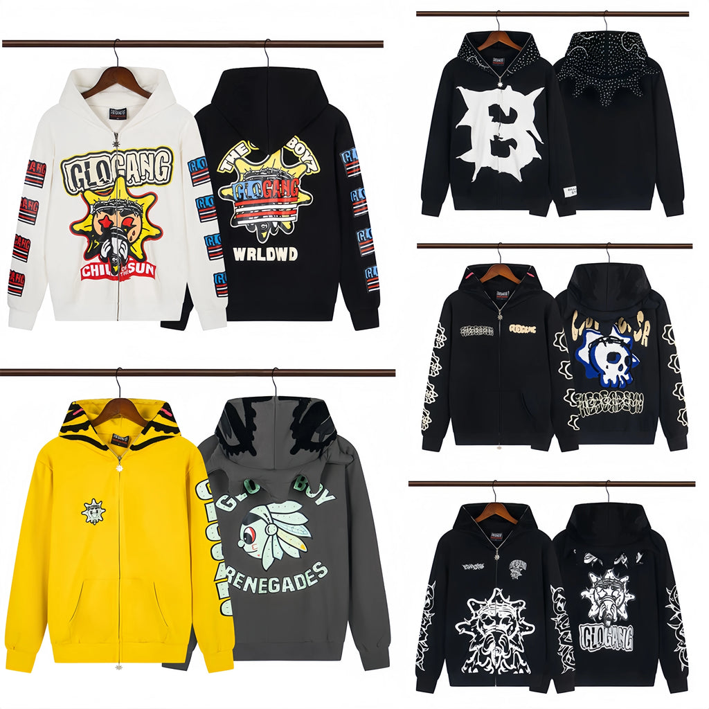Top Quality 100% Cotton Zip up Hoodies Men Sweatshirts Streetwear American Hip Hop Style Oversized Glo Gang Hoodie for Men