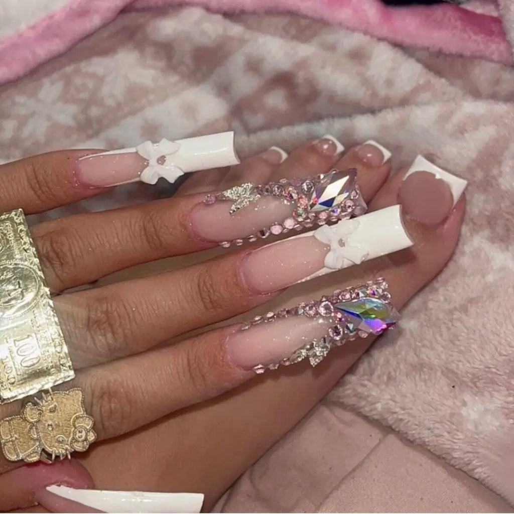 French Luxury Style 3D Flower Diamond Shining ABS Full Cover Pre-designed Black White Water Decals CE Certified Nail Set for
