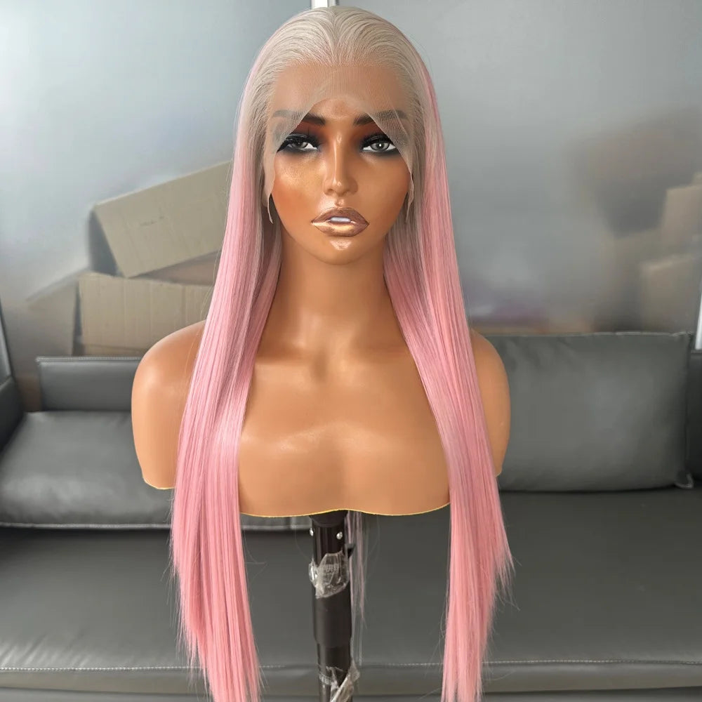 Long Silky Straight Ombre Pink Color Wigs Futura Fiber Hair 13x4 Synthetic Lace Front Wigs for Black Women