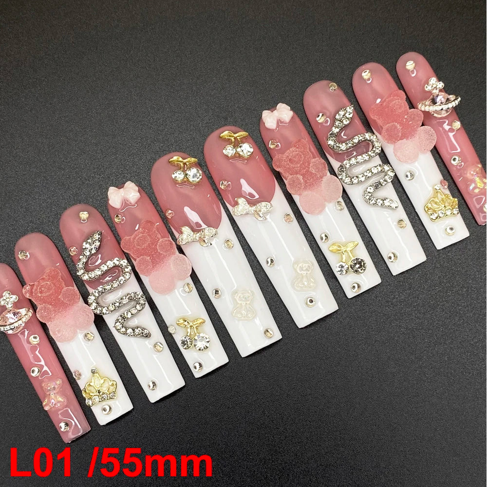 10PCS Full Decorated Soft Gel Thick Acrylic Handmade Nails Press on 55mm Extra Long Salon Design Artificial Fingernail Wholesale - L01 / 50g
