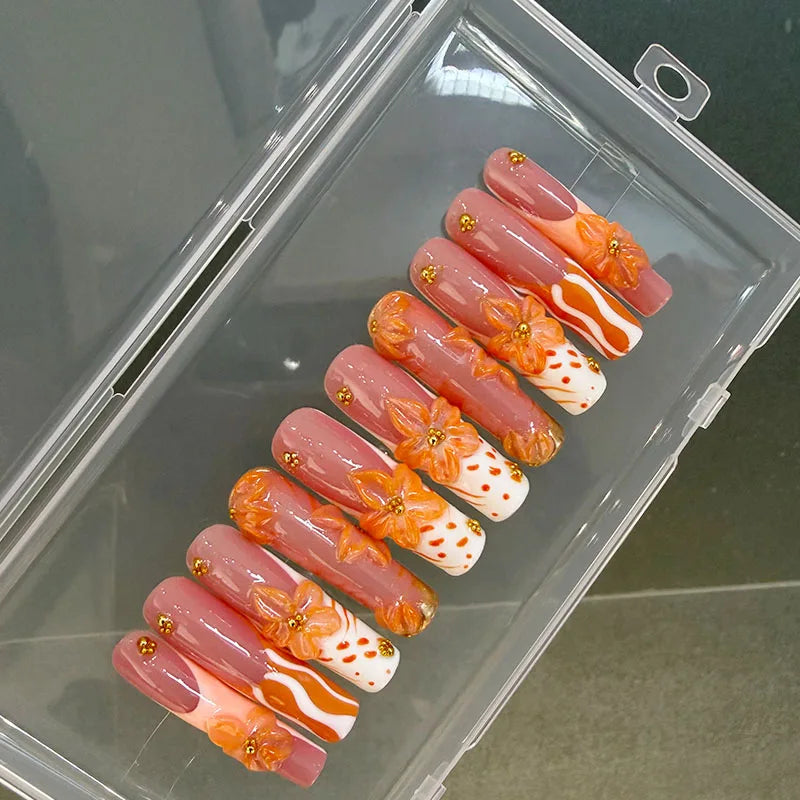 Wholesale Handmade Full Cover Press-on Nails for Finger; High Quality 3D Nail Art Coffin Square Design with Glue; CE Certified