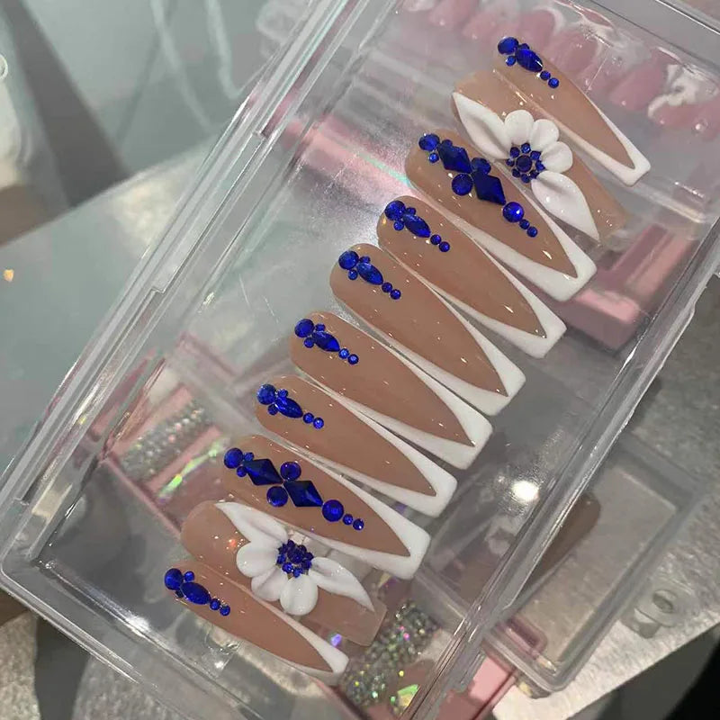 Custom Luxury Bling Stones Press Nails Medium Coffin Heart Pearl French Tip 3D Nail Art Pre-designed Full Cover Water Decals