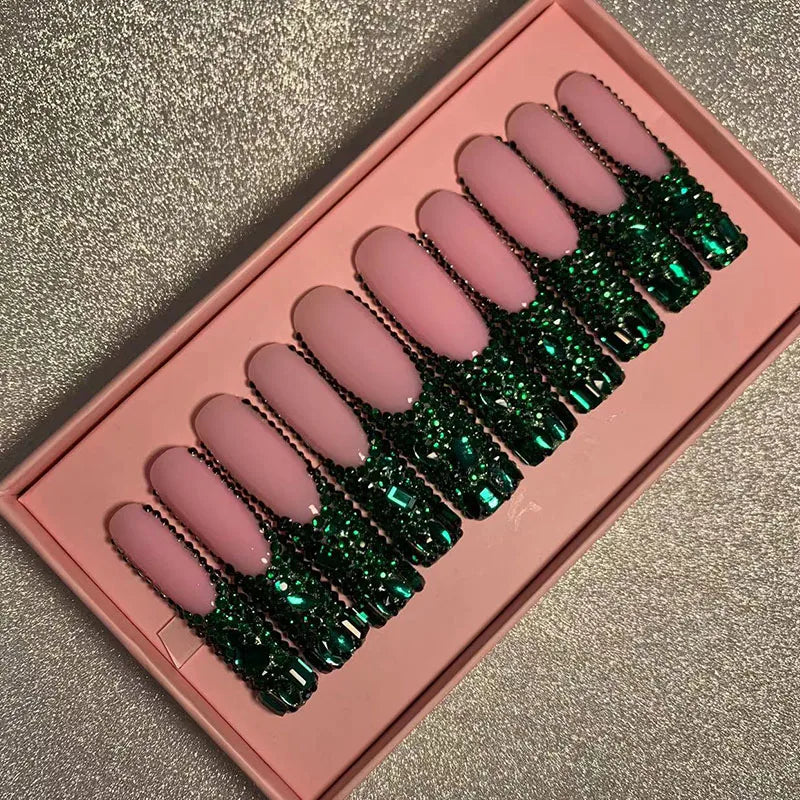 Custom Luxury Bling Stones Press Nails Medium Coffin Heart Pearl French Tip 3D Nail Art Pre-designed Full Cover Water Decals