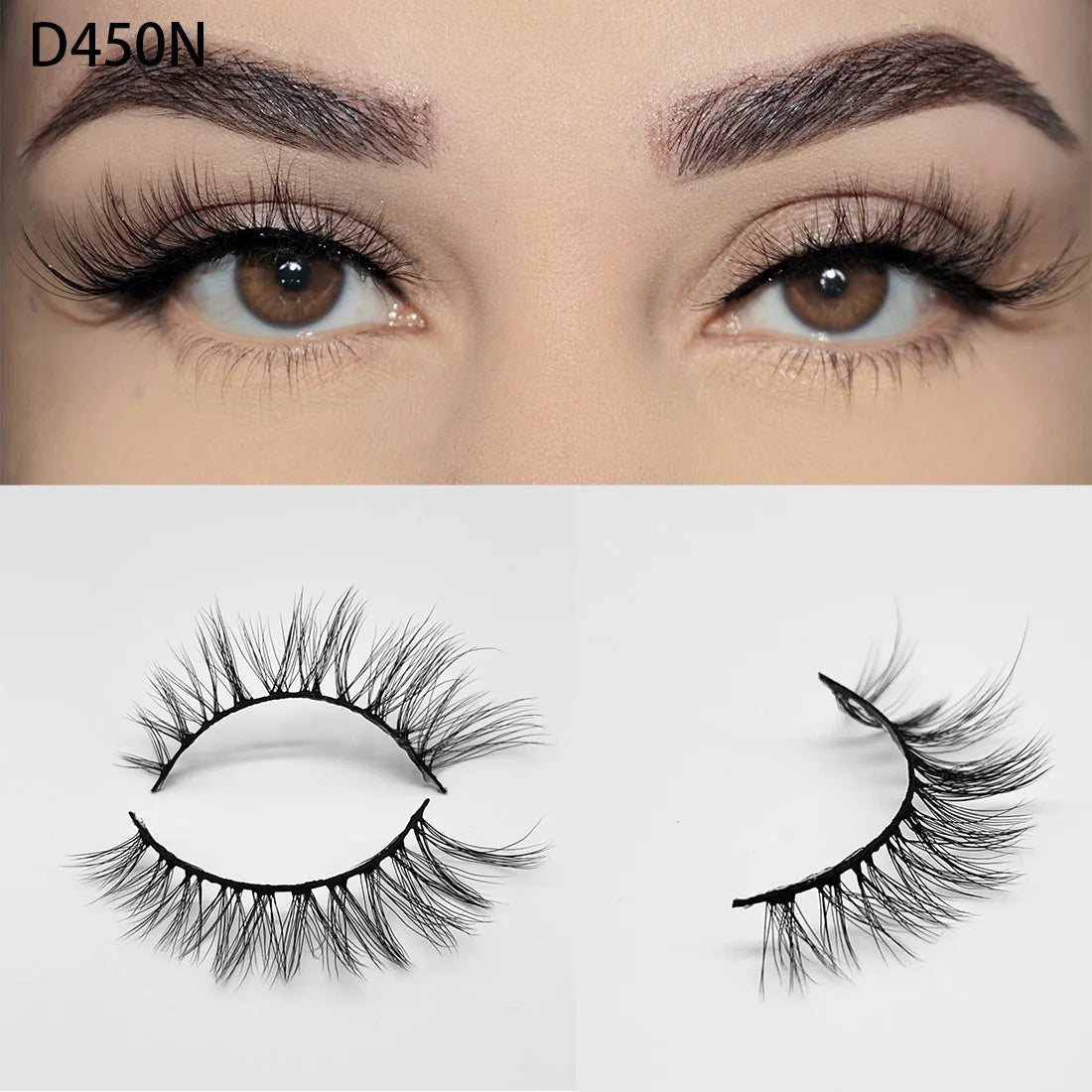 8D Wispy Cat Eye Fox Faux Mink Lashes 5 Pairs Full Strip Winged Eyelashes Pack - Natural Long / plastic lashes tray / D450N