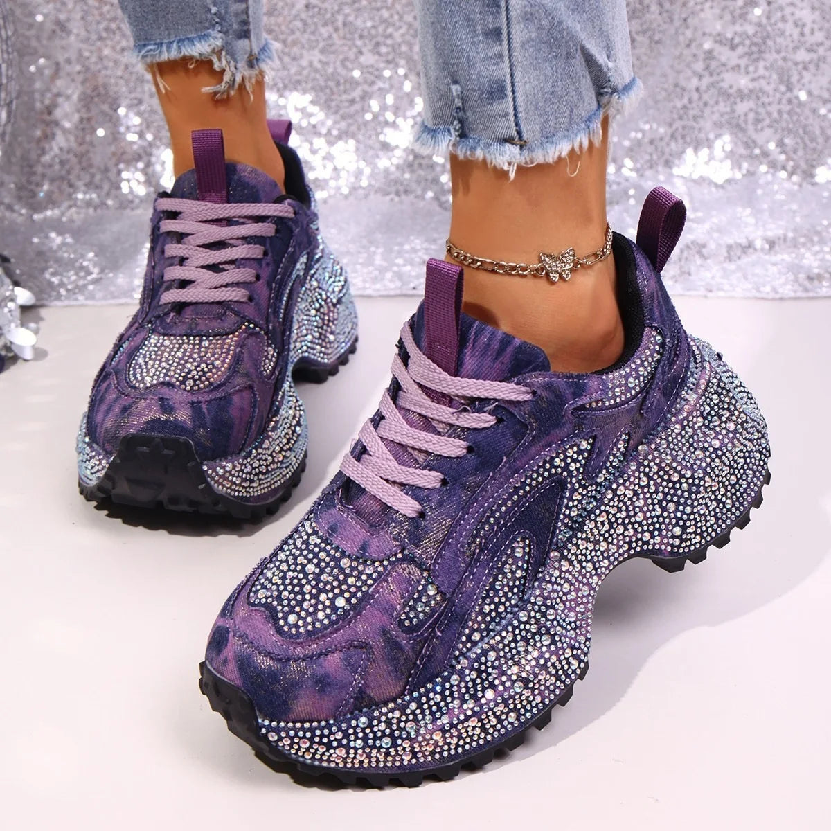 2026 Fall New Luxury Beautiful Bling Bling Rhinestones Beaded Lace Up Platform Sneakers for Women Old Dad Shoes Sports Shoes