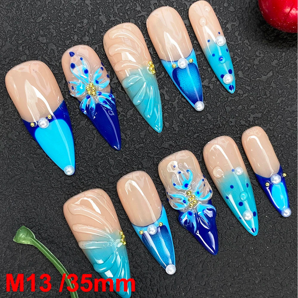 Gorgeous Salon Design Glossy Gel Carved False Nails Art Wholesale 10PCS Covered Decoration UV Gel Private Label Handmade Nails - M13 / 40g