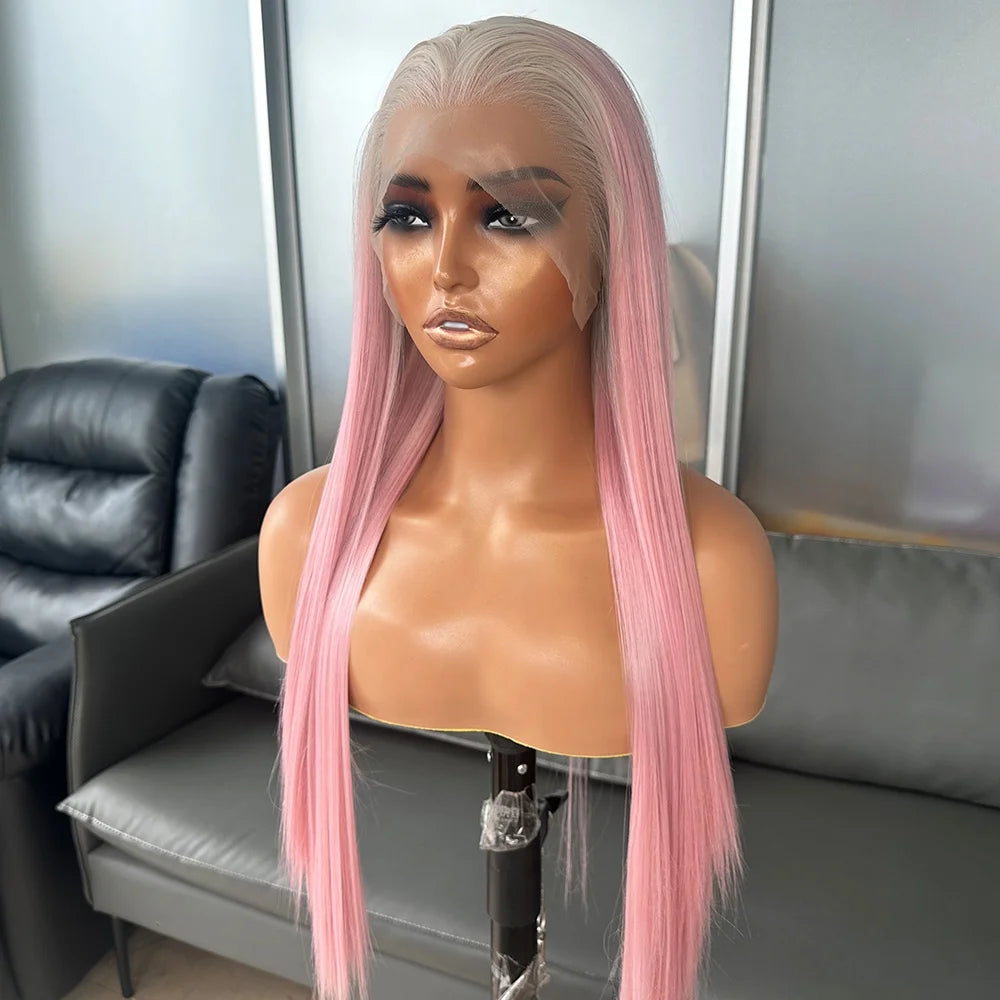 Long Silky Straight Ombre Pink Color Wigs Futura Fiber Hair 13x4 Synthetic Lace Front Wigs for Black Women