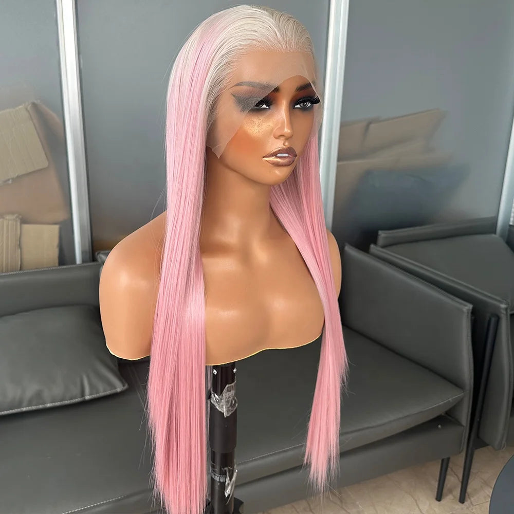 Long Silky Straight Ombre Pink Color Wigs Futura Fiber Hair 13x4 Synthetic Lace Front Wigs for Black Women